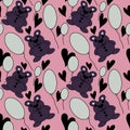 Seamless kidÃ¢â¬â¢s pattern with violet bears and mint balloons and black hearts on pink background